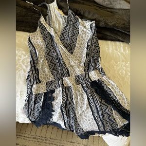 Ocean Drive Blue and White Patterned Romper with Lace Detail